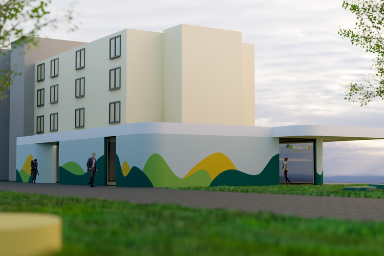Visualisierung des Quartierszentrum der BWG Blankenburg mit farbenfroher Fassadengestaltung und neuem Eingangsbereich im Grünen