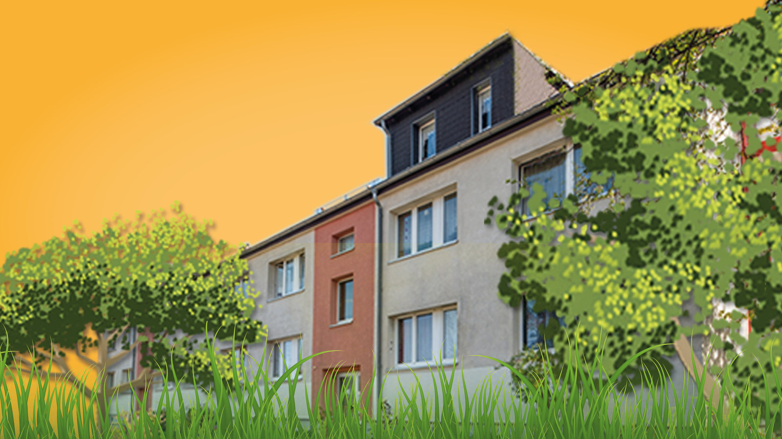 Mehrfamilienhaus mit unterschiedlichen Fassadenfarben vor orangefarbenem Hintergrund, umrahmt von Bäumen und hohem Gras.