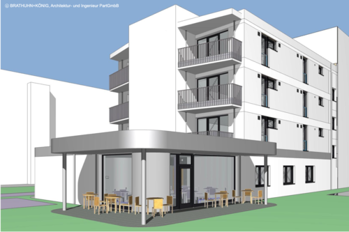 Architektonische Visualisierung eines modernen, mehrstöckigen Neubaus mit Balkonen und einer vorgelagerten Begegnungsstätte mit großen Glasfronten und Außensitzplätzen. Das Gebäude gehört zum barrierefreien Wohnprojekt im Quartier Regenstein.