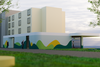 Visualisierung des Quartierszentrum der BWG Blankenburg mit farbenfroher Fassadengestaltung und neuem Eingangsbereich im Grünen