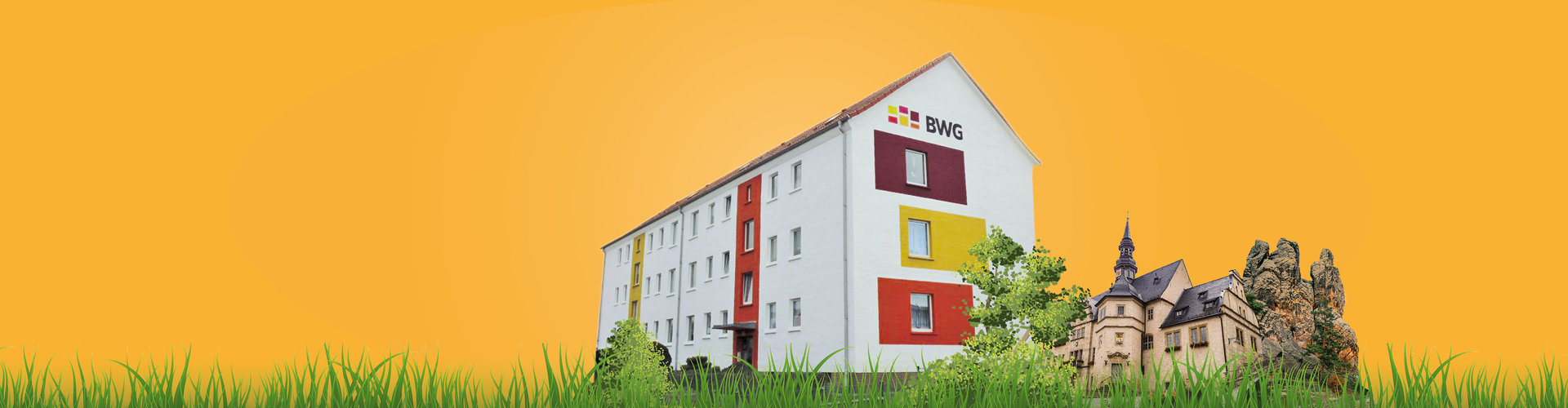 Mehrfamilienhaus mit BWG-Logo neben Schloss Blankenburg und den Teufelsmauer-Felsen vor orangefarbenem Hintergrund.