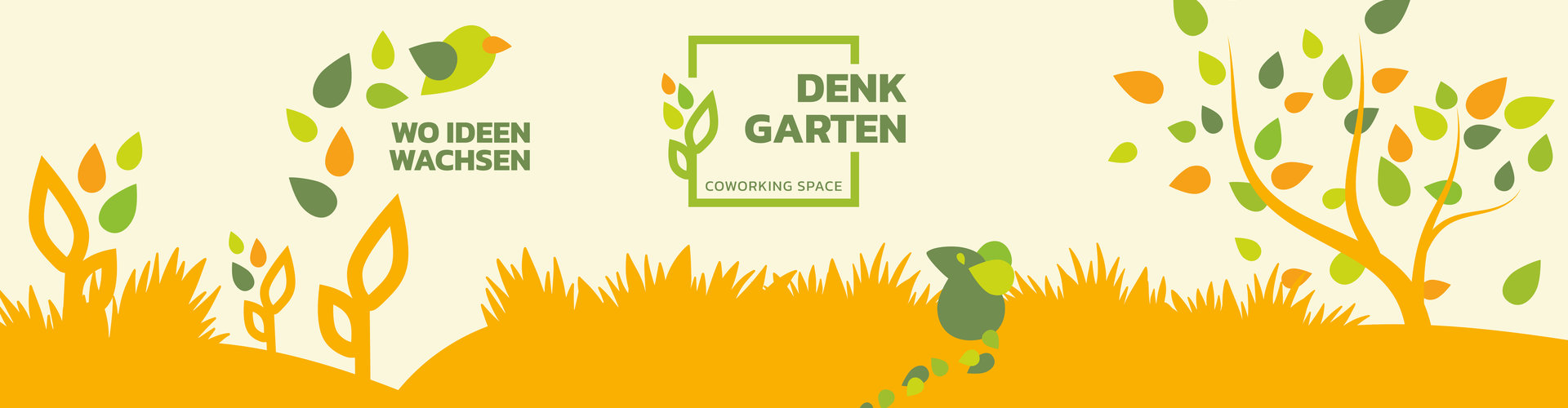 In der Mitte des Bildes befindet sich das Logo des Co-Working-Space "Denkgarten". Es besteht aus einem quadratischen Rahmen mit einer Blume und Blättern. Links davon steht der Claim "Wo Ideen wachsen". Unterhalb des Bildes befindet sich eine orange Wiese mit einer grünen Maus. Links im Bild fliegt ein Vogel von 3 Blumen weg. Auf der rechten Seite befindet sich ein Baum, von dem verschiedenfarbige Blätter fallen. Die grafischen Elemente sind in Grün und Orange gehalten.