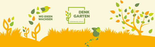 In der Mitte des Bildes befindet sich das Logo des Co-Working-Space "Denkgarten". Es besteht aus einem quadratischen Rahmen mit einer Blume und Blättern. Links davon steht der Claim "Wo Ideen wachsen". Unterhalb des Bildes befindet sich eine orange Wiese mit einer grünen Maus. Links im Bild fliegt ein Vogel von 3 Blumen weg. Auf der rechten Seite befindet sich ein Baum, von dem verschiedenfarbige Blätter fallen. Die grafischen Elemente sind in Grün und Orange gehalten.