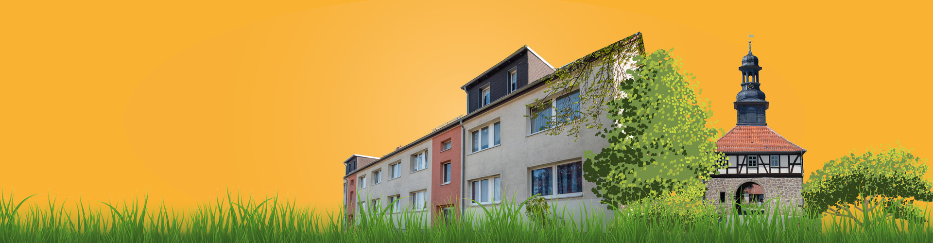 Wohnhaus und Kloster Michaelstein in Blankenburg, umgeben von grünen Bäumen vor orangefarbenem Hintergrund.