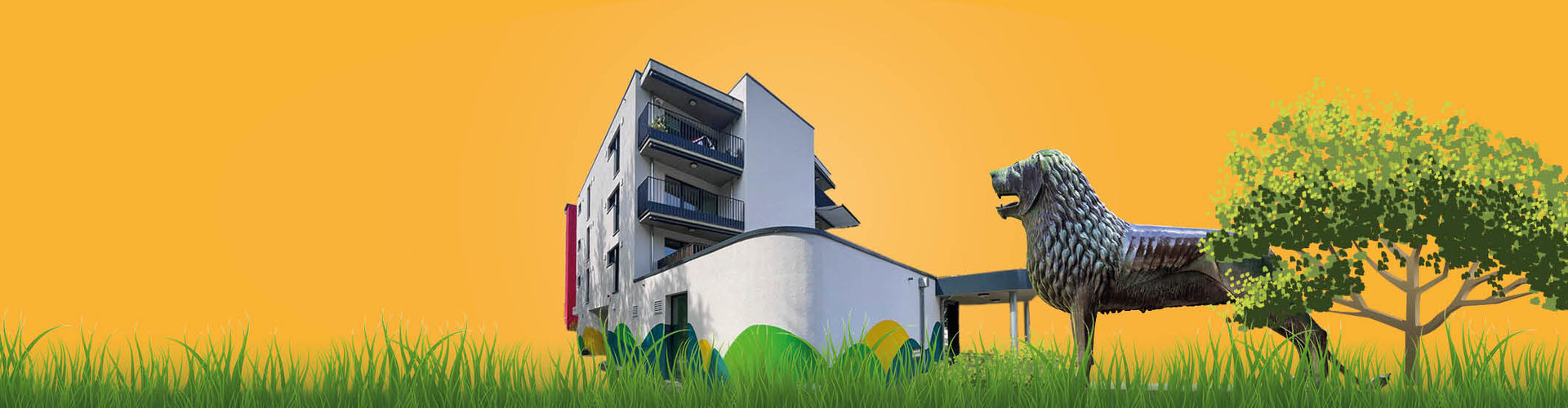 Das Quartierszentrum in Blankenburg mit Balkonen, im Vordergrund der bronzene Blankenburger Löwe – grafisch vor orangefarbenem Hintergrund dargestellt.