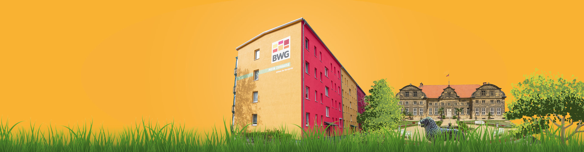 Farbiges Wohngebäude der BWG neben dem Barockgarten und Schlossensemble von Blankenburg vor orangefarbenem Hintergrund.