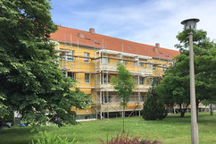Fassadensanierung an den Wohnhäusern Börnecker Straße 36–38 im Quartier Regenstein. Das mehrstöckige Gebäude ist eingerüstet und in gelber Farbe gestrichen. Im Vordergrund eine grüne Parkfläche mit Bäumen und Rasen.         ChatGPT fragen