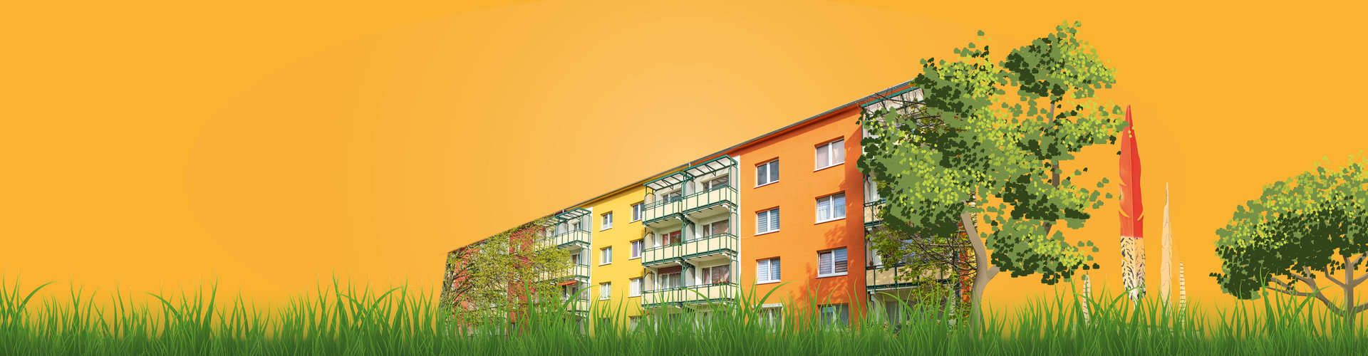 Das Motiv zeigt ein Wohnhaus, umgeben von Bäumen auf orangenem Hintergrund.