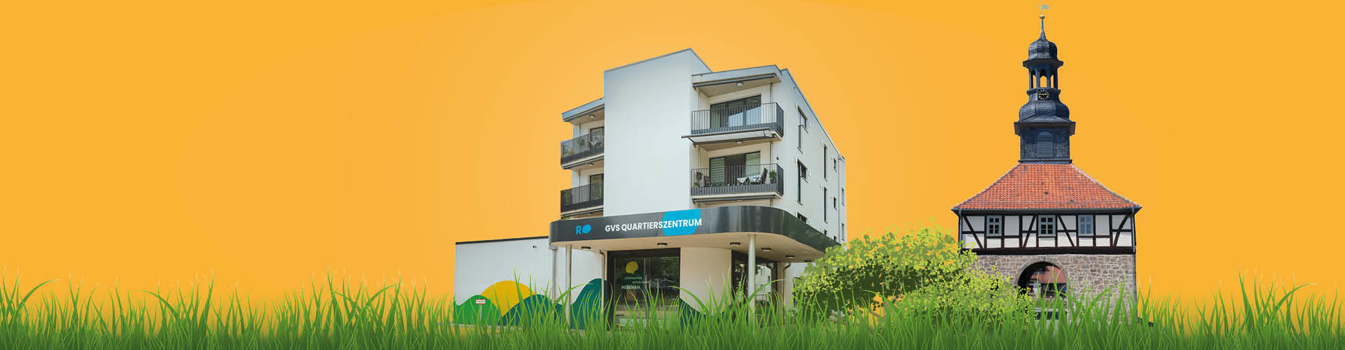 Das moderne Quartierzentrum und das Kloster Michaelstein nebeneinander vor einem orangefarbenen Hintergrund, ergänzt durch stilisiertes Gras im Vordergrund.
