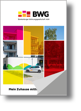 Titelblatt der Blankenburger Wohnungsgesellschaft mbH mit farbiger Collage moderner Wohngebäude und dem Slogan „Mein Zuhause mitten im Harz“.